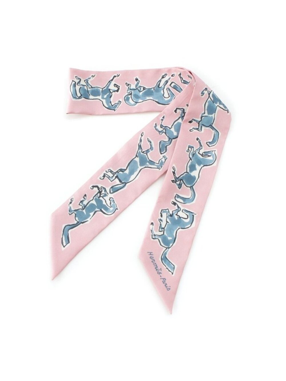 Hermes Twilly Freedom Horse Chevaux en Liberte Silk Scarf View Rose Blue Blanc